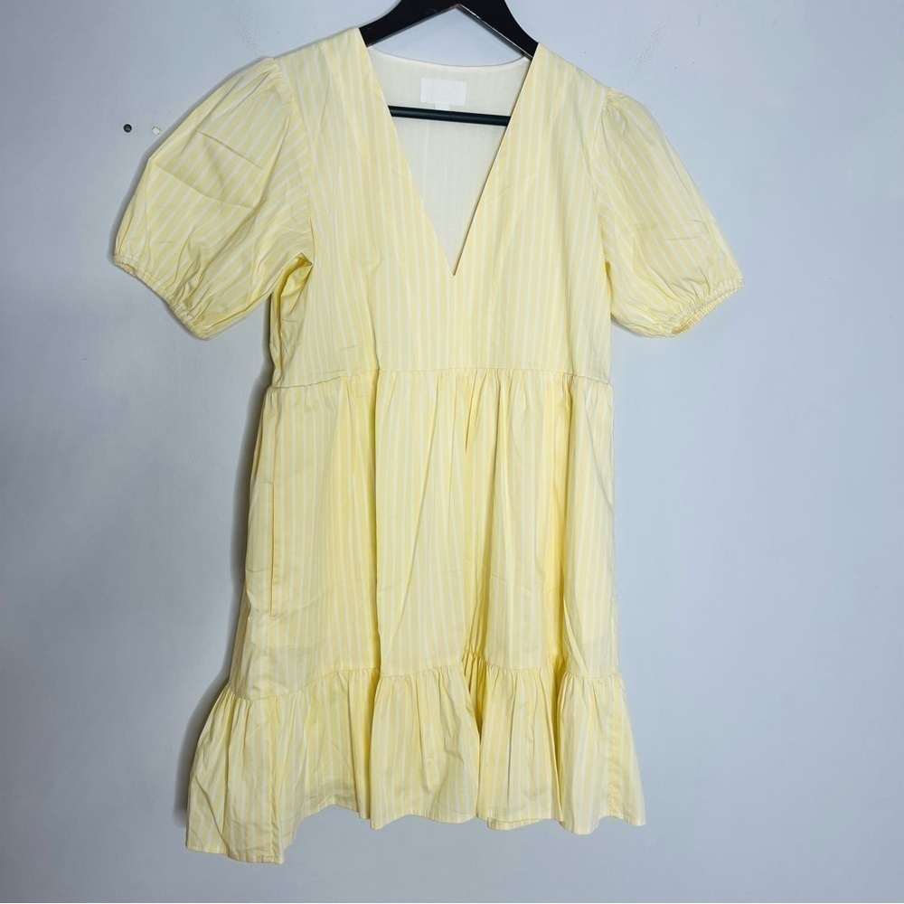 Every Size Small V-Neck Puff Shoulder Butter Yellow White Ruffle Mini Dress
